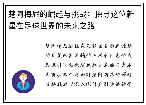 楚阿梅尼的崛起与挑战：探寻这位新星在足球世界的未来之路
